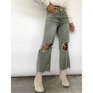 Vervet Vintage Sage Green Ripped Knee Crop Jeans Raw Hem Wide Leg Flare Y2K Sz30